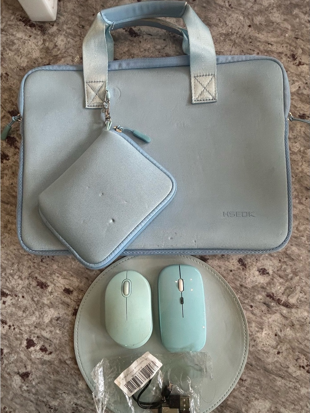 Light Blue Tablet Sleeve with Matching Zip Pouch, 2 mice, adapters and mouse pad